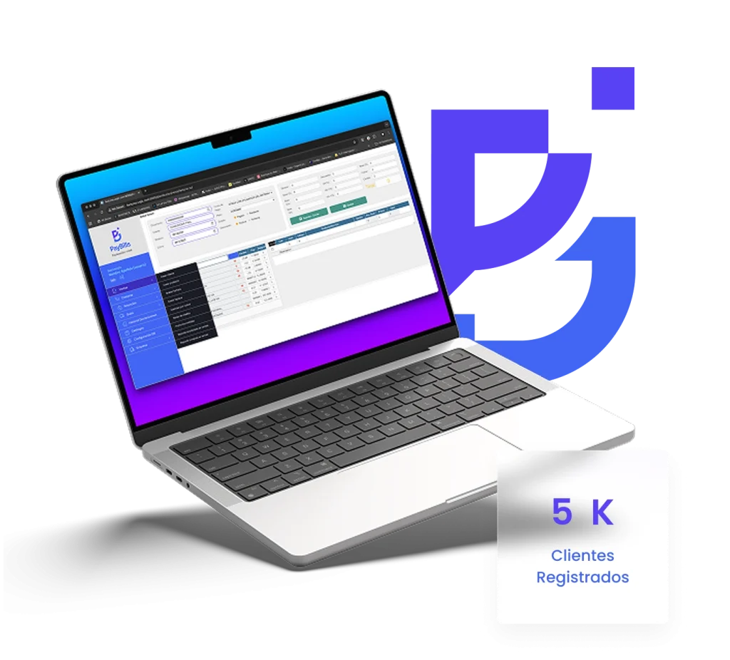 Aplicación PayBills para facturación electrónica mostrada en una computadora portátil con panel de control y clientes registrados