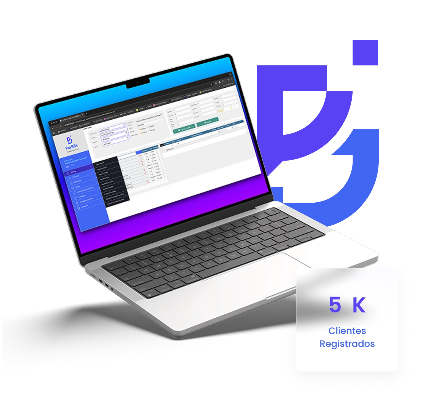 Aplicación PayBills para facturación electrónica mostrada en una computadora portátil con panel de control y clientes registrados